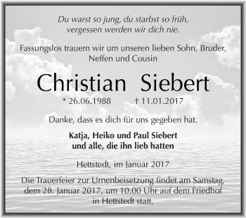 Traueranzeige von Christian Siebert von Super Sonntag SGH Mansf. Land