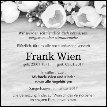 Traueranzeige von Frank Wien von Super Sonntag SGH Mansf. Land