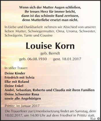 Traueranzeige von Louise Korn von Mitteldeutsche Zeitung Weißenfels
