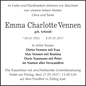 Traueranzeige von Emma Charlotte Vennen von WVG - Wochenspiegel Bitterfeld