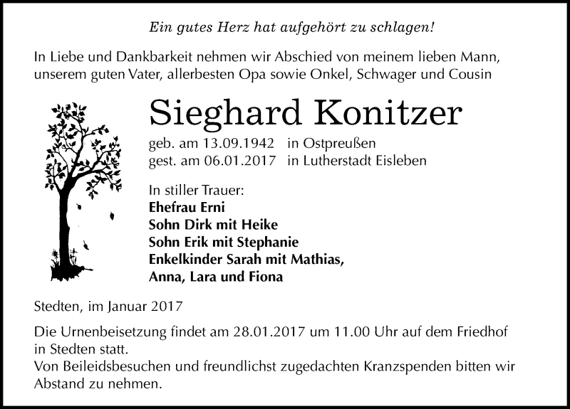  Traueranzeige für Sieghard Konitzer vom 18.01.2017 aus Mitteldeutsche Zeitung Mansfelder Land