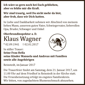 Traueranzeige von Klaus Wagner von Super Sonntag Aschersleben
