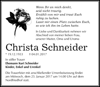 Traueranzeige von Christa Schneider von Mitteldeutsche Zeitung Halle/Saalkreis