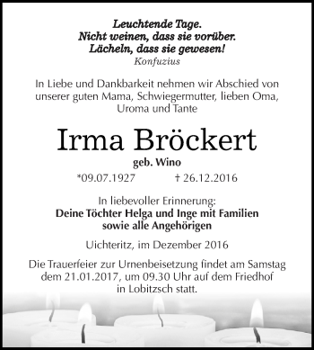 Traueranzeige von Irma Bröckert von WVG - Wochenspiegel NMB / WSF / ZTZ