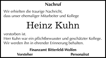 Traueranzeige von Heinz Kuhn von Mitteldeutsche Zeitung Bitterfeld