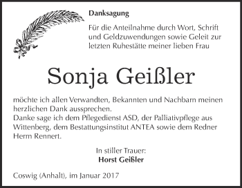 Traueranzeige von Sonja Geißler von Super Sonntag Wittenberg