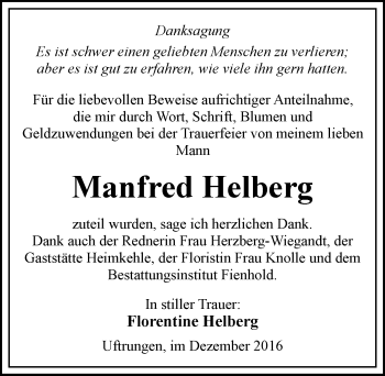 Traueranzeige von Manfred Helberg von Mitteldeutsche Zeitung Sangerhausen