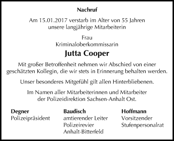 Traueranzeige von Jutta Cooper von Mitteldeutsche Zeitung Bitterfeld