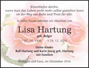 Traueranzeige von Lisa Hartung von Mitteldeutsche Zeitung Köthen