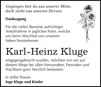 Traueranzeige von Karl-Heinz Kluge von Mitteldeutsche Zeitung Mansfelder Land