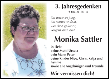 Traueranzeige von Monika Sattler von WVG - Wochenspiegel NMB / WSF / ZTZ