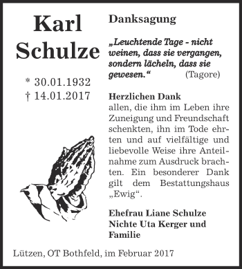 Traueranzeige von Karl Schulze von WVG - Wochenspiegel NMB / WSF / ZTZ