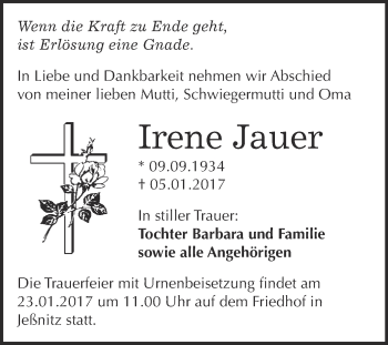 Traueranzeige von Irene Jauer von WVG - Wochenspiegel Bitterfeld
