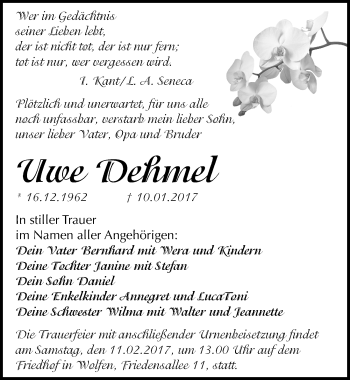 Traueranzeige von Uwe Dehmel von Mitteldeutsche Zeitung Halle/Saalkreis