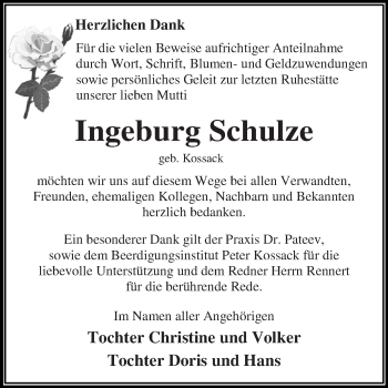 Traueranzeige von Ingeburg Schulze von LDES,LKTN