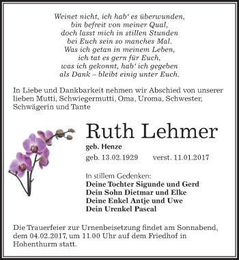 Traueranzeige von Ruth Lehmer von Mitteldeutsche Zeitung