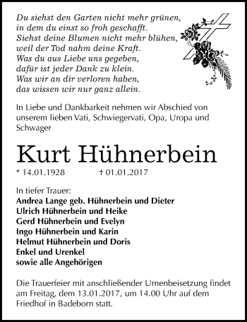 Traueranzeige von Kurt Hühnerbein von Mitteldeutsche Zeitung Quedlinburg