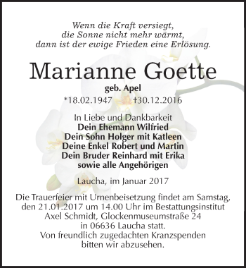 Traueranzeige von Marianne Goette von Mitteldeutsche Zeitung Naumburg/Nebra