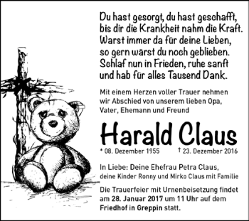 Traueranzeige von Harald Claus von WVG - Wochenspiegel Bitterfeld