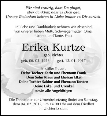 Traueranzeige von Erika Kurtze von Mitteldeutsche Zeitung Weißenfels