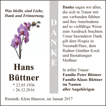 Traueranzeige von Hans Büttner von Super Sonntag SGH Mansf. Land