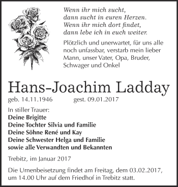 Traueranzeige von Hans-Joachim Ladday von Super Sonntag Wittenberg