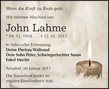Traueranzeige von John Lahme von Mitteldeutsche Zeitung Mansfelder Land