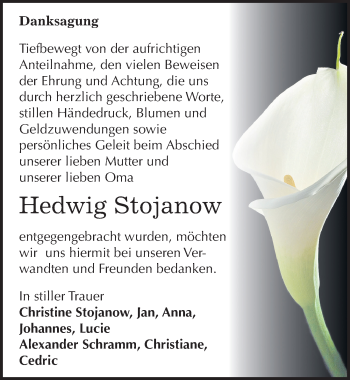 Traueranzeige von Hedwig Stojanow von Mitteldeutsche Zeitung Sangerhausen