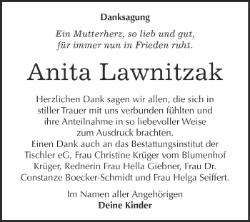 Traueranzeige von Anita Lawnitzak von Super Sonntag Wittenberg