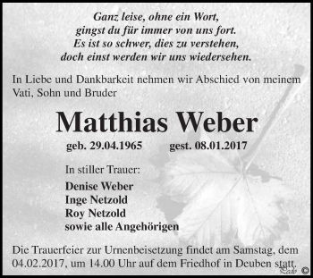 Traueranzeige von Matthias Weber von WVG - Wochenspiegel NMB / WSF / ZTZ