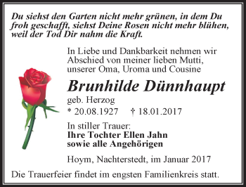 Traueranzeige von Brunhilde Dünnhaupt von Mitteldeutsche Zeitung Aschersleben