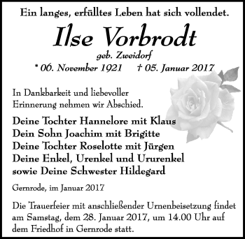 Traueranzeige von Ilse Vorbrodt von Mitteldeutsche Zeitung Quedlinburg