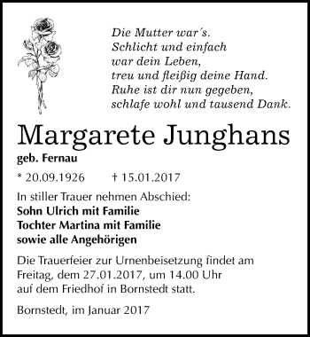 Traueranzeige von Margarete Junghans von Mitteldeutsche Zeitung Mansfelder Land