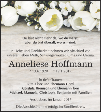 Traueranzeige von Anneliese Hoffmann von Super Sonntag Aschersleben