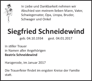 Traueranzeige von Siegfried Schneidewind von WVG - Wochenspiegel Quedlinburg