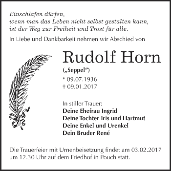 Traueranzeige von Rudolf Horn von WVG - Wochenspiegel Bitterfeld