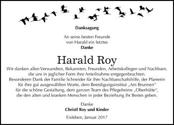 Traueranzeige von Harald Roy von Mitteldeutsche Zeitung Mansfelder Land