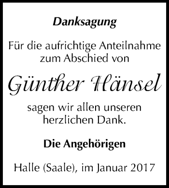 Traueranzeige von Günther Hänsel von Mitteldeutsche Zeitung Halle/Saalkreis