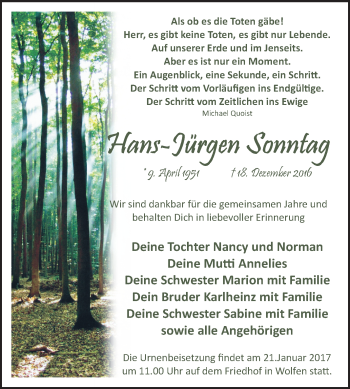 Traueranzeige von Hans-Jürgen Sonntag von WVG - Wochenspiegel Bitterfeld