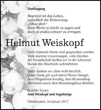 Traueranzeige von Helmut Weiskopf von Mitteldeutsche Zeitung Mansfelder Land