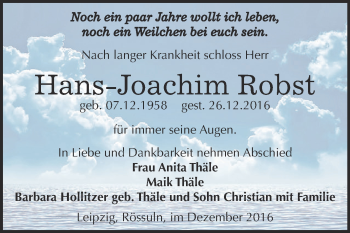 Traueranzeige von Hans-Joachim Robst von WVG - Wochenspiegel NMB / WSF / ZTZ