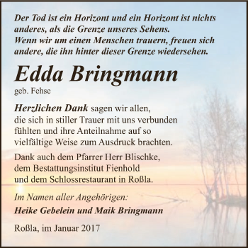 Traueranzeige von Edda Bringmann von Super Sonntag SGH Mansf. Land