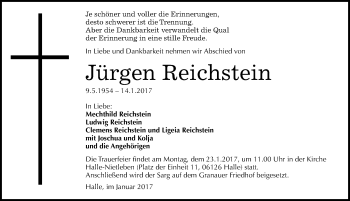 Traueranzeige von Jürgen Reichstein von Mitteldeutsche Zeitung Halle/Saalkreis