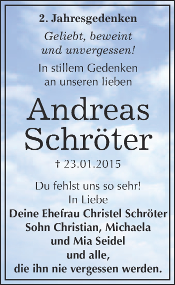 Traueranzeige von Andreas Schröter von Super Sonntag Wittenberg