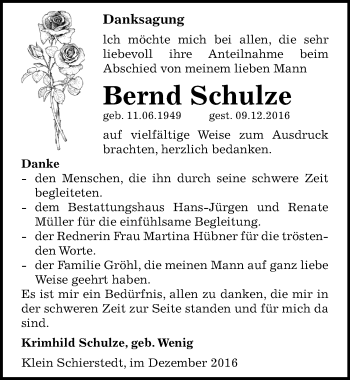 Traueranzeige von Bernd Schulze von Mitteldeutsche Zeitung Aschersleben