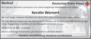Traueranzeige von Kerstin Wernert von Super Sonntag Bernburg