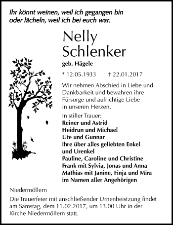Traueranzeige von Nelly Schlenker von Mitteldeutsche Zeitung Naumburg/Nebra