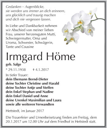 Traueranzeige von Irmgard Höme von Mitteldeutsche Zeitung Mansfelder Land