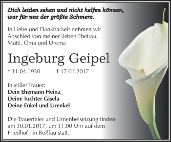 Traueranzeige von Ingeburg Geipel von WVG - Wochenspiegel Dessau / Köthen