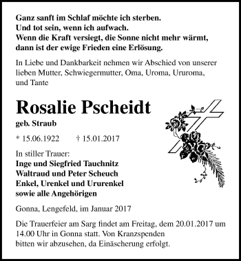 Traueranzeige von Rosalie Pscheidt von Mitteldeutsche Zeitung Sangerhausen